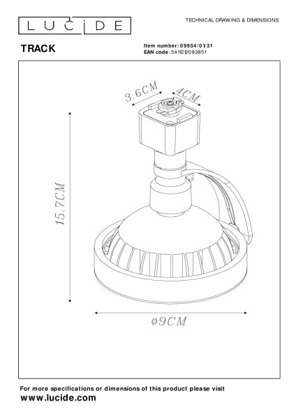 Lucide TRACK DORIAN Track spot - 1-circuit Track lighting system - 1xES111 - White (Extension) - technical